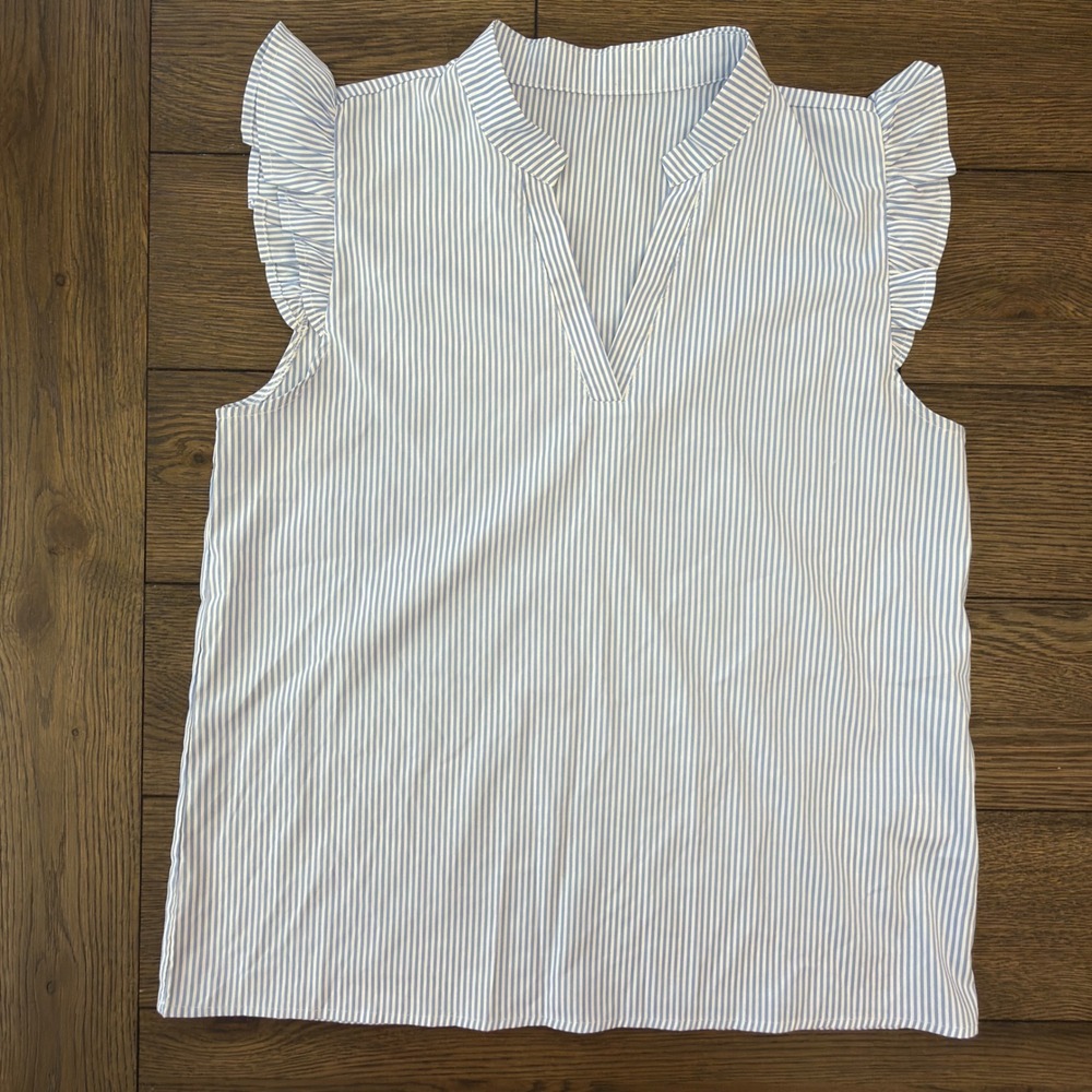 SHEIN‎ Blue White Striped Ruffle Sleeve Split V-Neck Blouse Top swblouse2321061